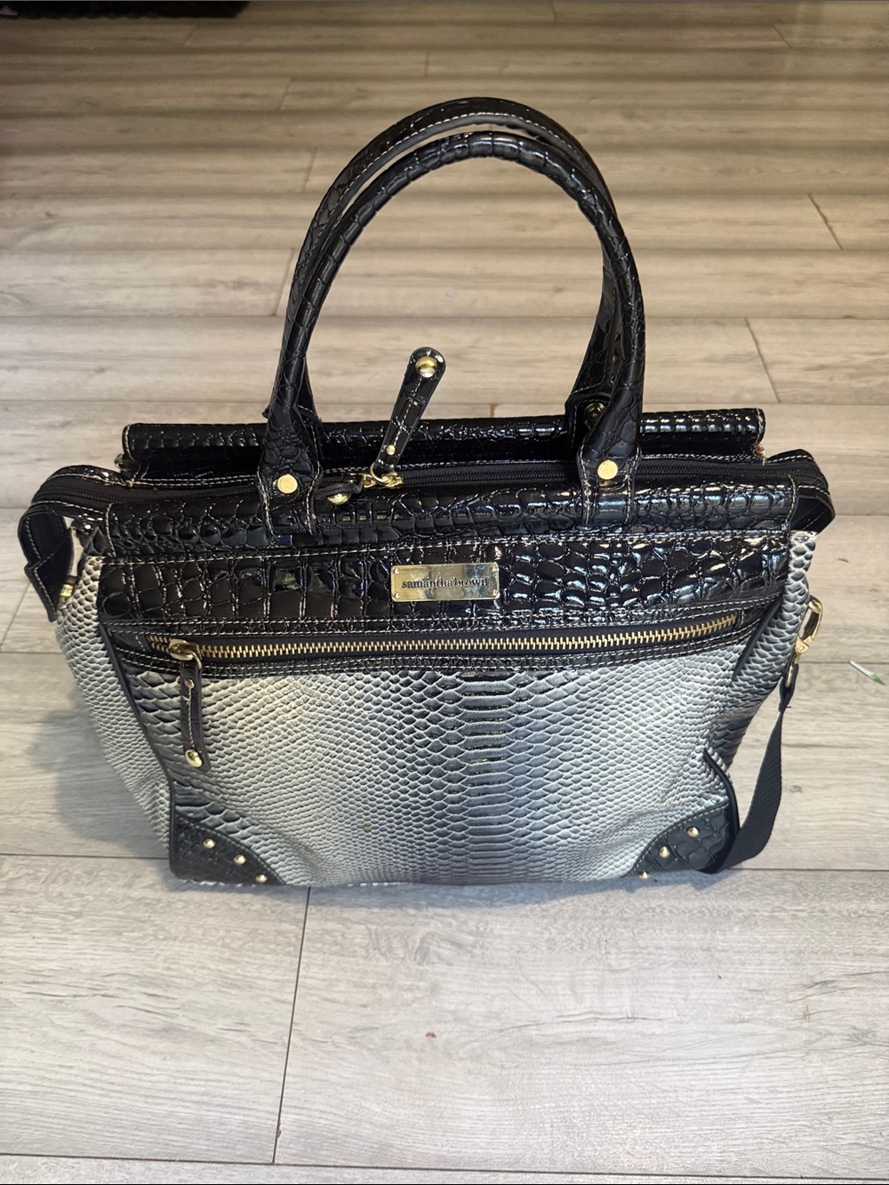 Black & Cream Faux Snake Satchel/Travel bag with Detachable Strap